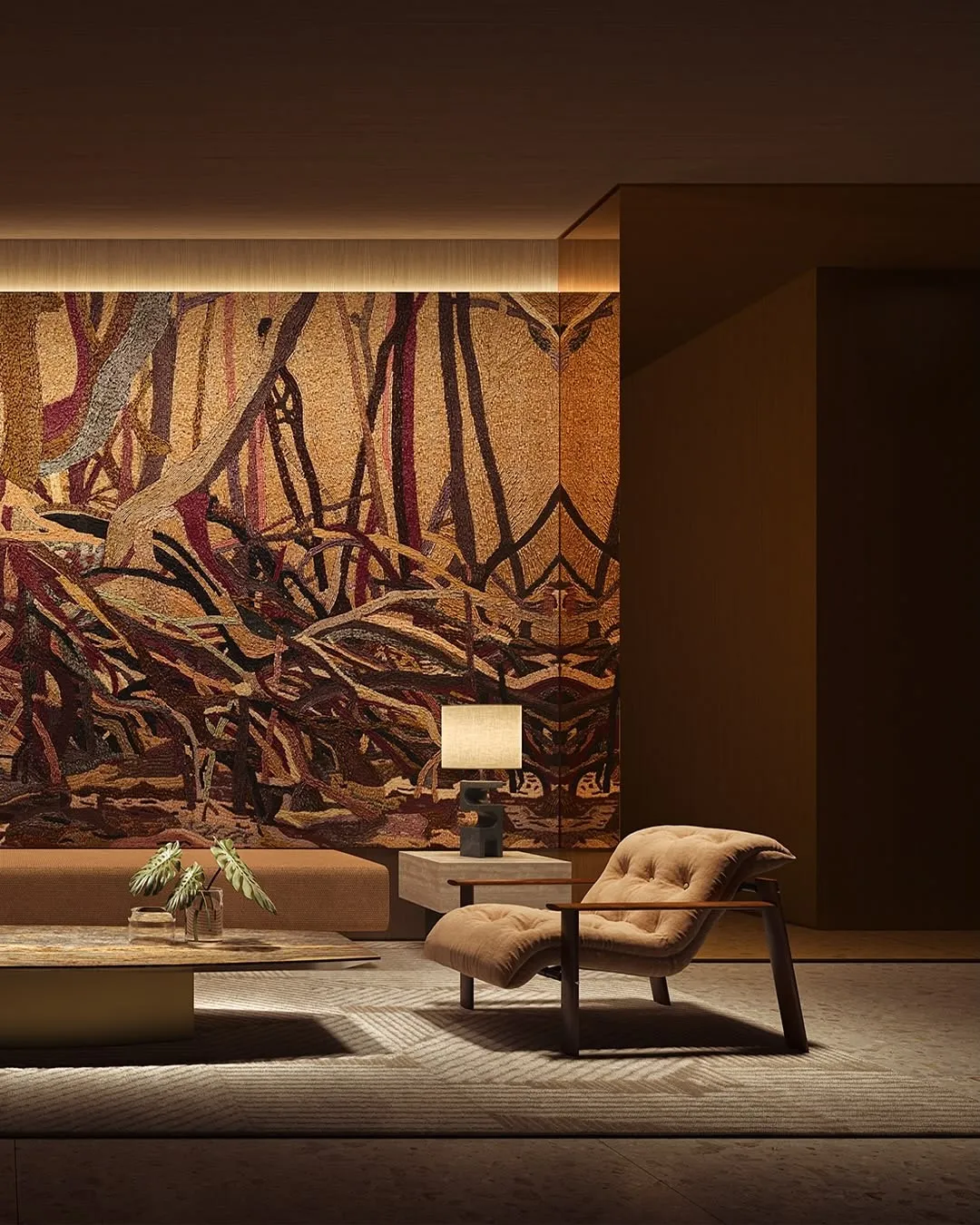 A dim lounge with a large woven tapestry and a leather lounge chair