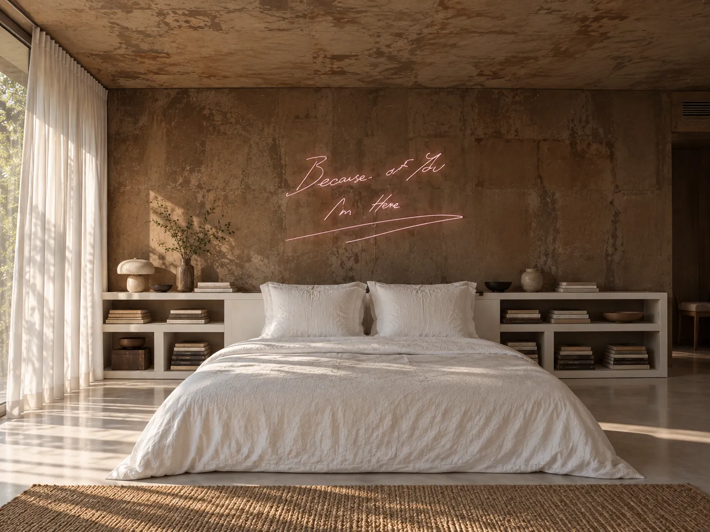 The same bedroom with a handwritten neon artwork above the bed
