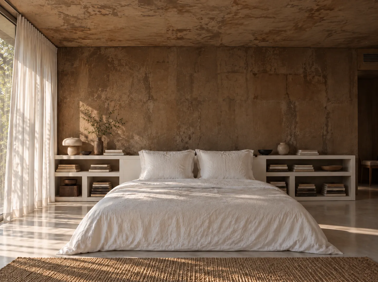 A bedroom with bare concrete walls, before artwork was introduced